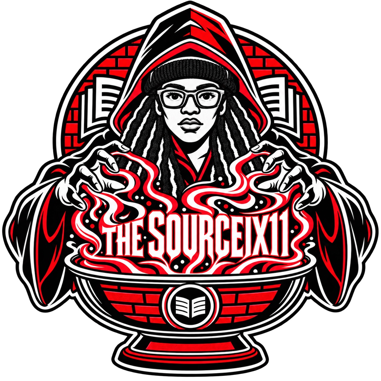 The Sourceix11 visionary in red, black, and white brewing knowledge from a bowl of books and energy